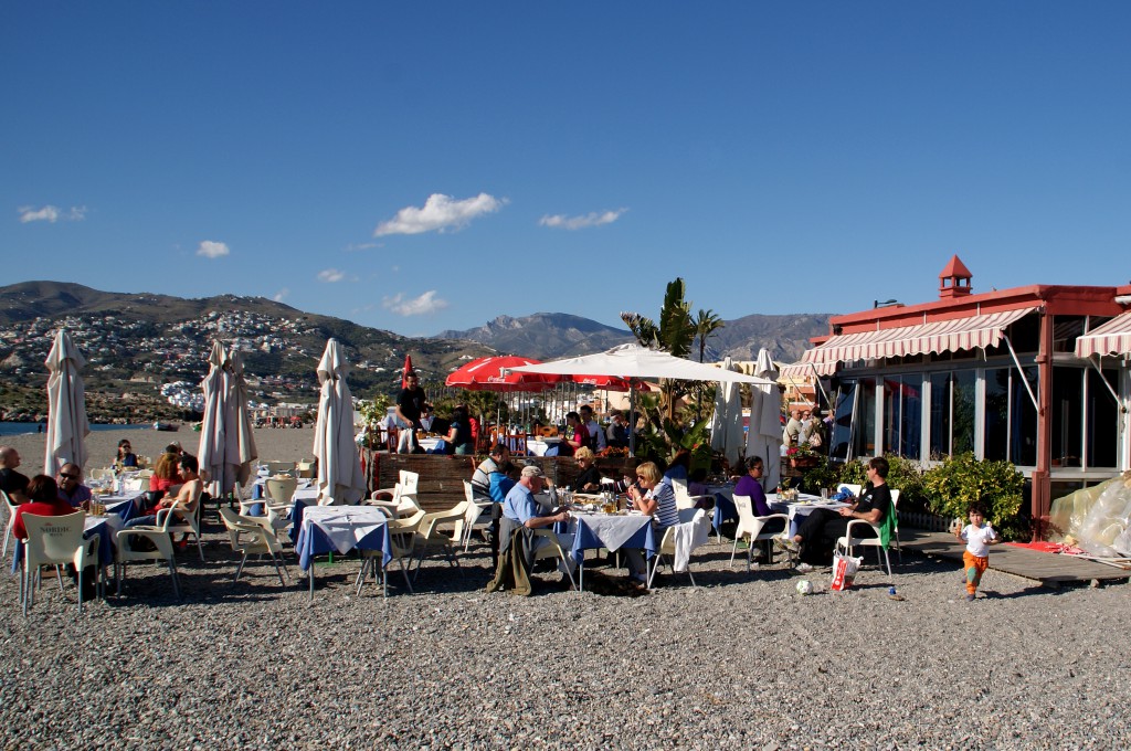 Example of the good beach restaurant at Salobreña Beach - view of La Caleta in the background
